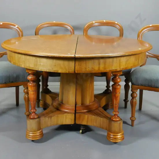antique mahogany extending dining table w/faceted column base, 3 leaves H750 max L2240 W1210, 4 balloon back chairs