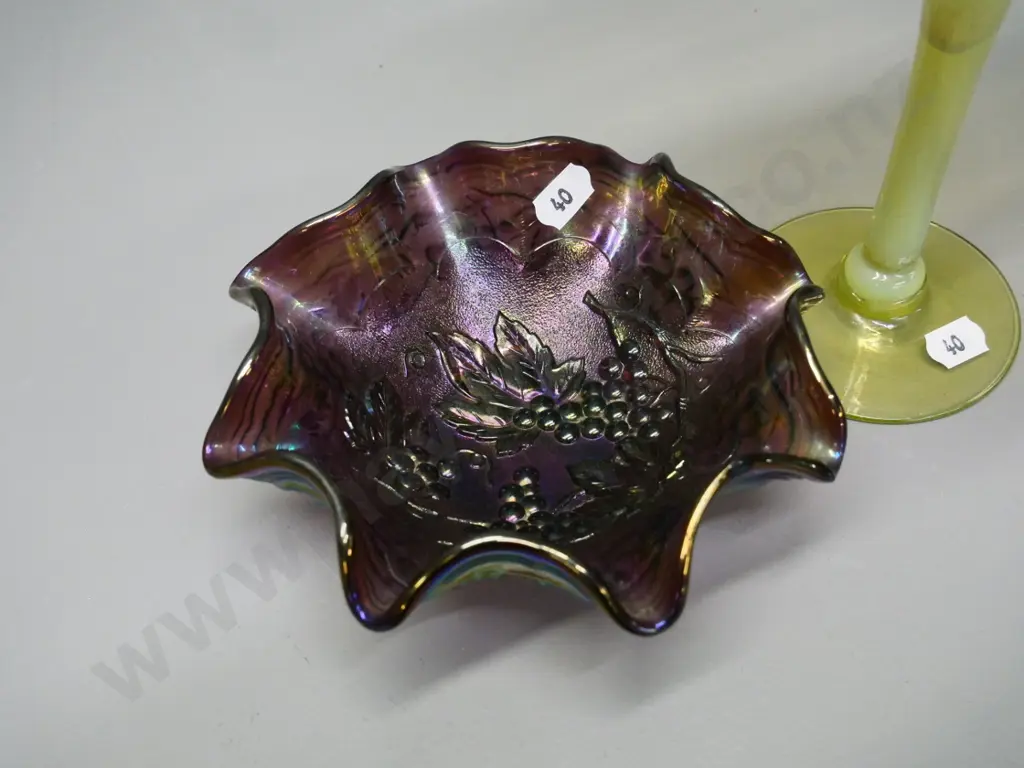 lustre glass Jack-in-the-pulpit vase H-280 and a small grape pattern carnival glass dish Image 1++