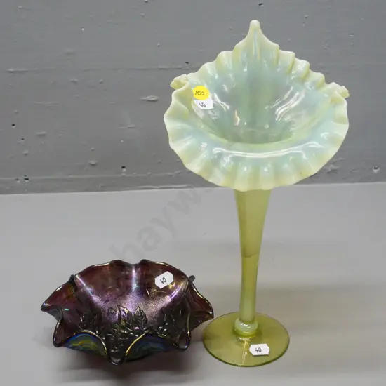 lustre glass Jack-in-the-pulpit vase H-280 and a small grape pattern carnival glass dish