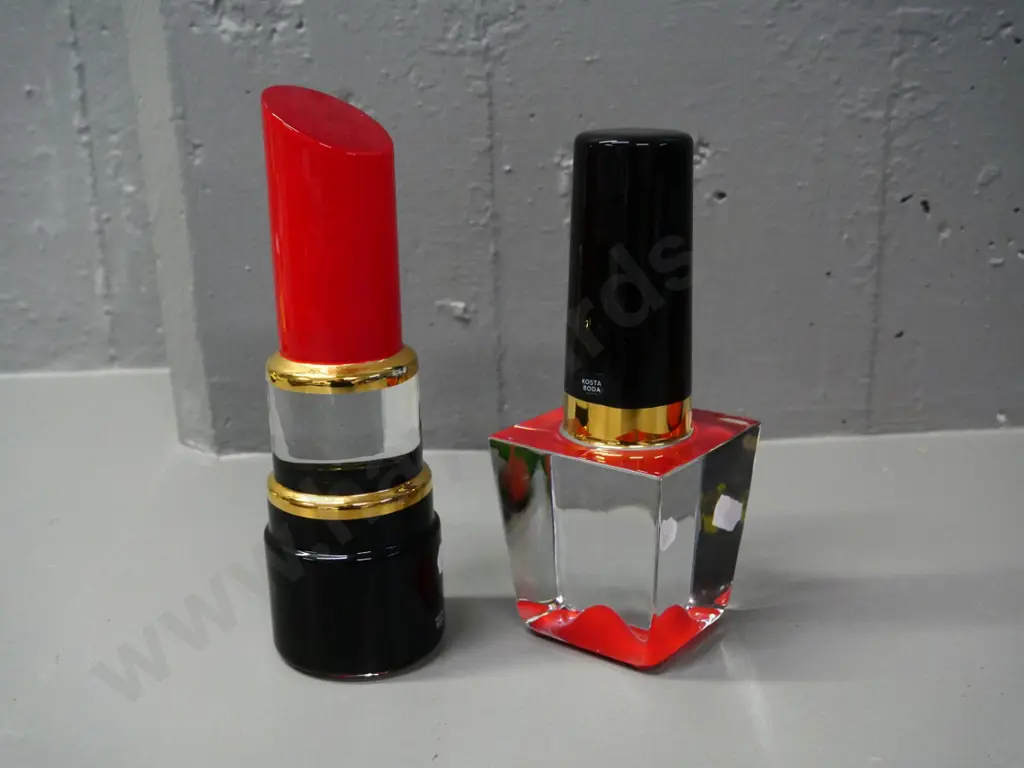 Kosta Boda heavy glass hand-painted ornaments - lipstick H-220 and nail polish Image 1++