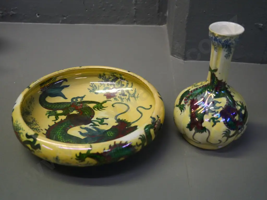 Bursley dragon pattern bowl and vase H-170 - several glaze faults in bowl, paint drop on vase Image 1++