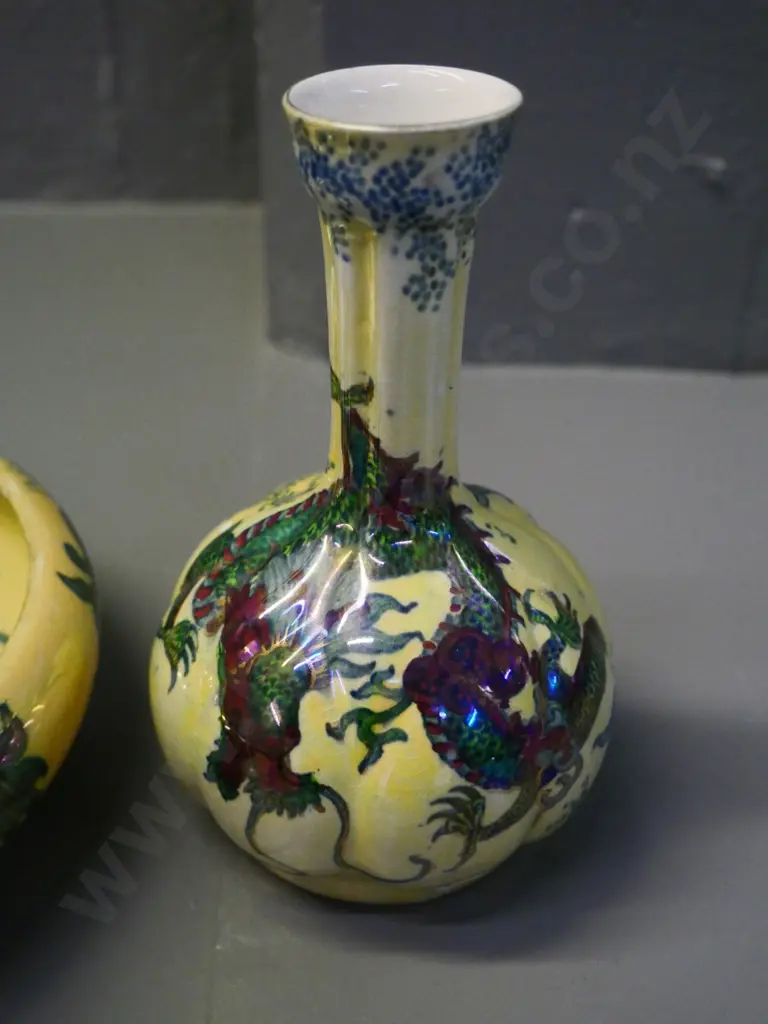 Bursley dragon pattern bowl and vase H-170 - several glaze faults in bowl, paint drop on vase Image 1++