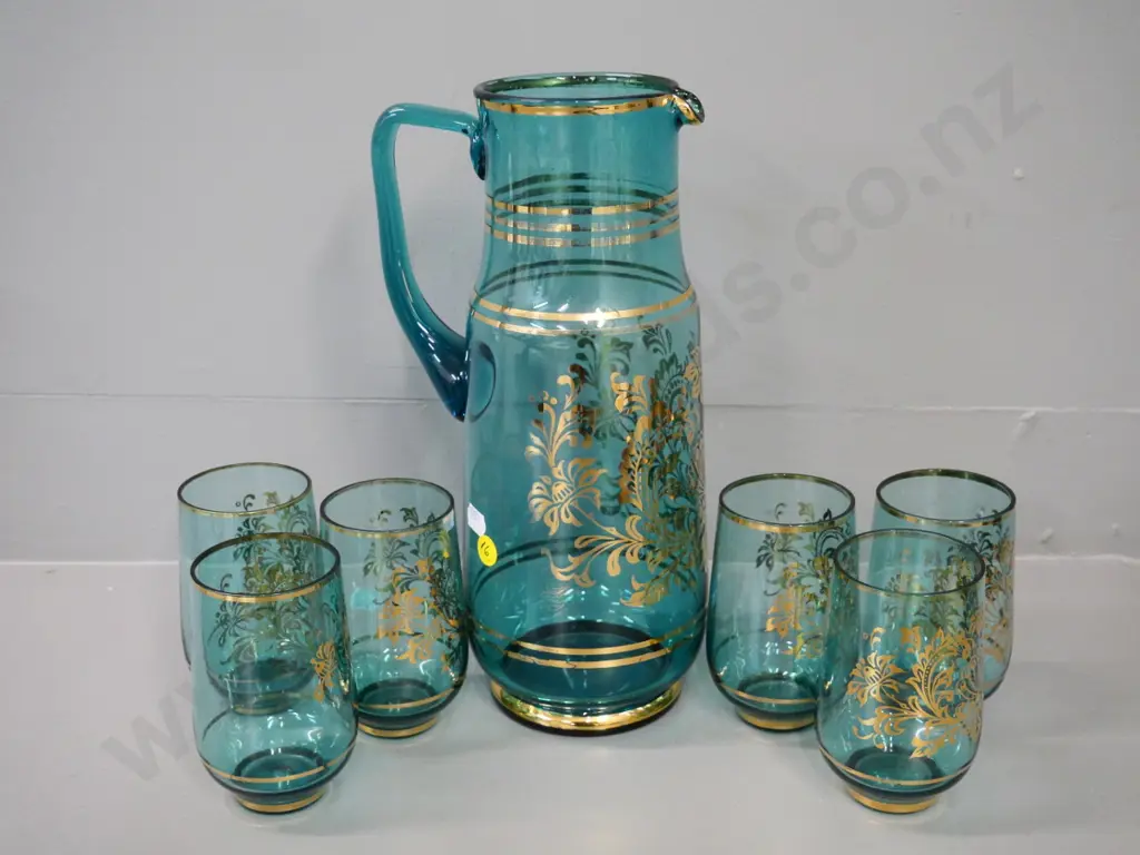 retro turquoise glass with gilt pattern 7-piece water set in as-new condition. Jug H-300 Image 1++