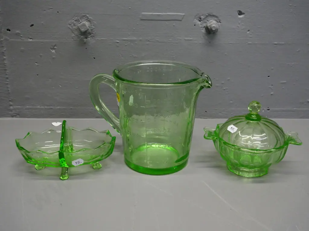 green depression glass items - 5-cup measuring jug H-160, lidded sugar bowl, divided dish Image 1++