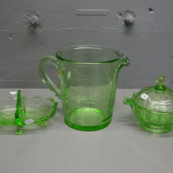 green depression glass items - 5-cup measuring jug H-160, lidded sugar bowl, divided dish
