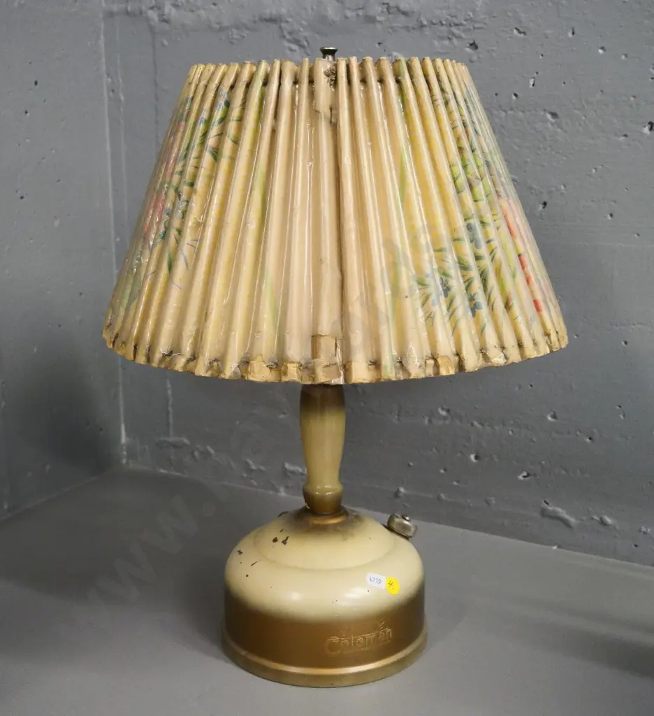 vintage Coleman white spirit lantern with pleated shade - some damage and wear to shade H470 D350 Image 1++