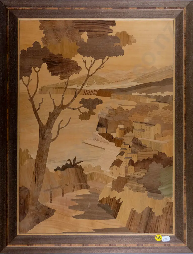 wooden maquetry wall hanging - coastal village scene H-530 W-400 Image 1++