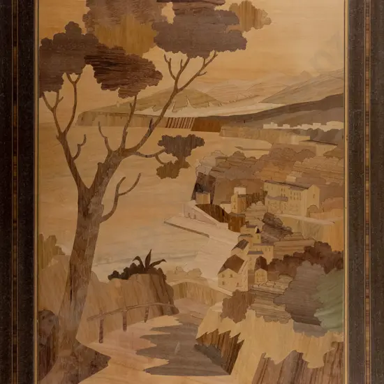 wooden maquetry wall hanging - coastal village scene H-530 W-400