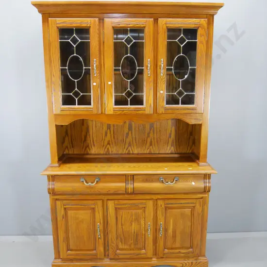 oak reproduction buffet base illuminated display cabinet w/3 leadlight doors, 2 doors & 3 drawers in base H1970 W1260