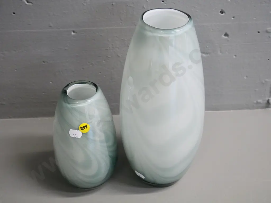 2 art glass vases - pale blue swirled with white inner. Taller is H-270 Image 1++