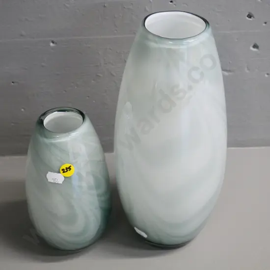 2 art glass vases - pale blue swirled with white inner. Taller is H-270
