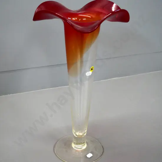 art glass trumpet vase - clear to frilled orange/red top H-330 D-230