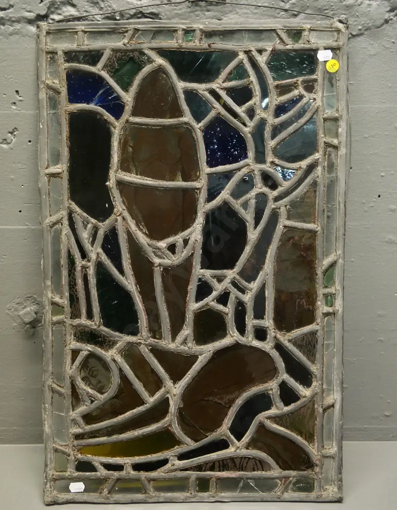 leadlight stained glass hanging panel with nude figure - some cracks & a missing piece of glass H-550 W-350 Image 1++