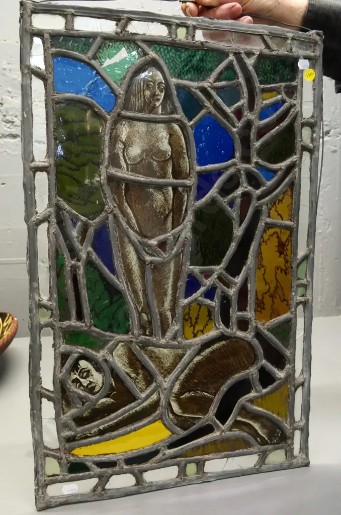 leadlight stained glass hanging panel with nude figure - some cracks & a missing piece of glass H-550 W-350 Image 1++