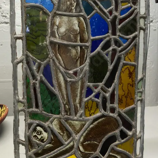leadlight stained glass hanging panel with nude figure - some cracks & a missing piece of glass H-550 W-350
