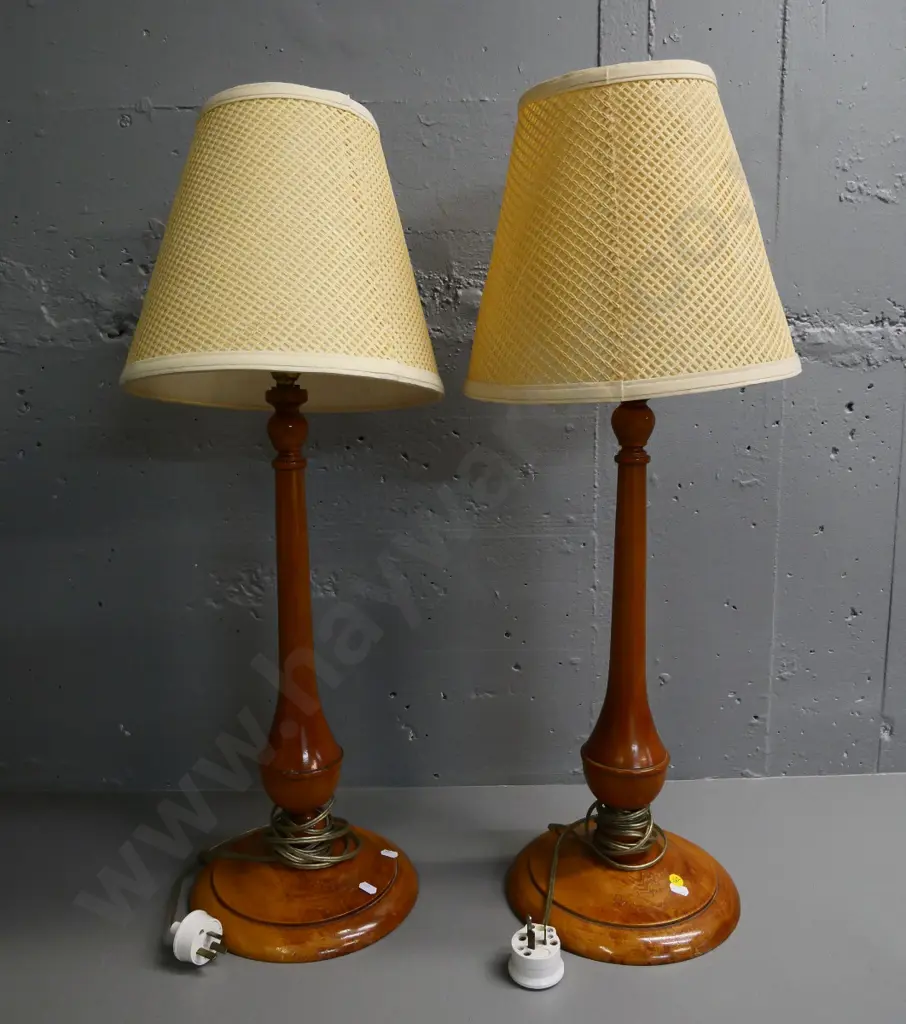 pair of retro turned wood lamp bases with basket weave pattern shades, one shade bent H-750 Image 1++