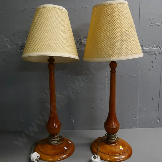 pair of retro turned wood lamp bases with basket weave pattern shades, one shade bent H-750