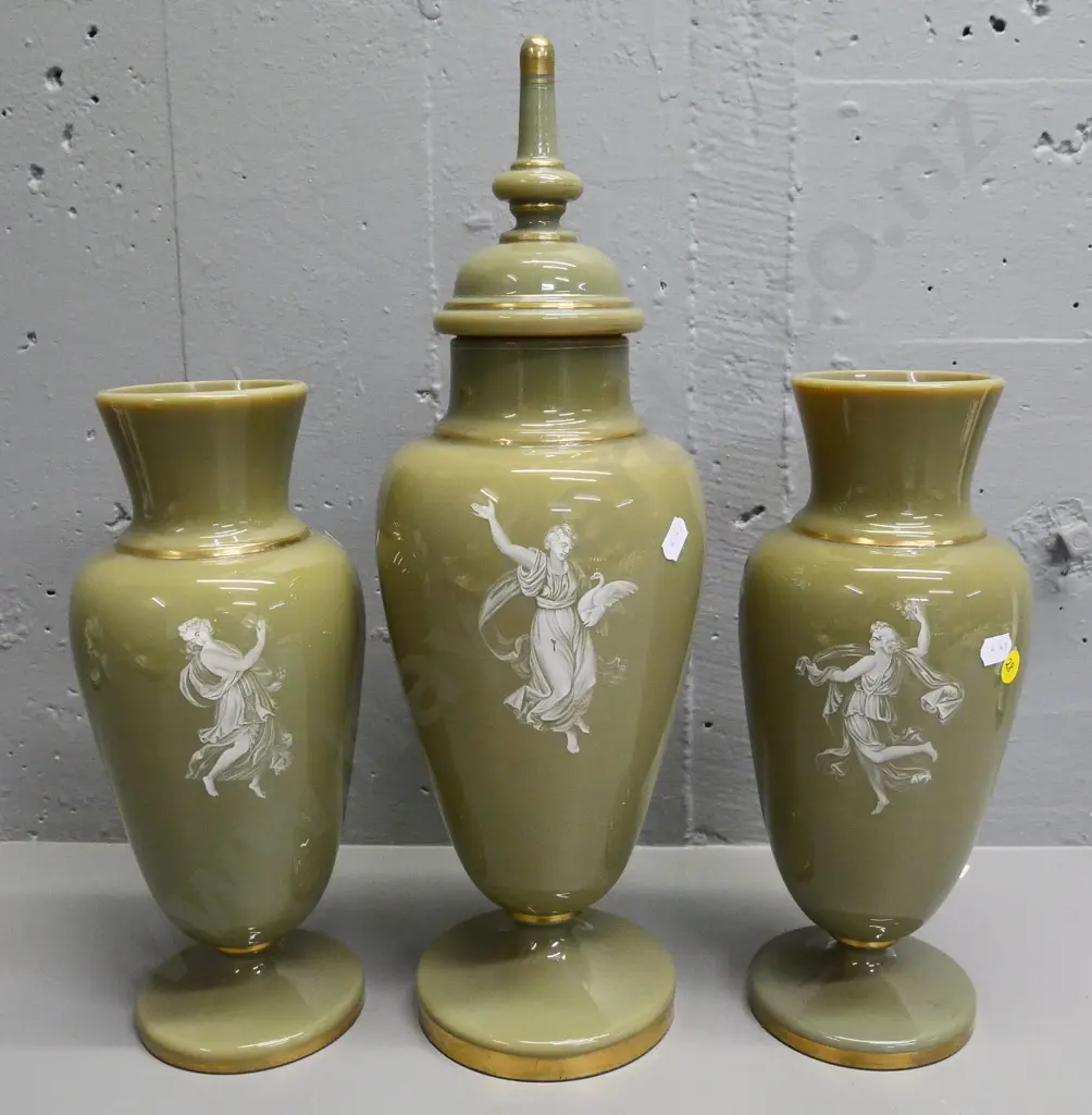 set of 3 green opaque and gilt trimmed glass items - lidded urn H-440 and 2 vases Image 1++