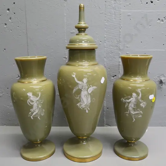 set of 3 green opaque and gilt trimmed glass items - lidded urn H-440 and 2 vases