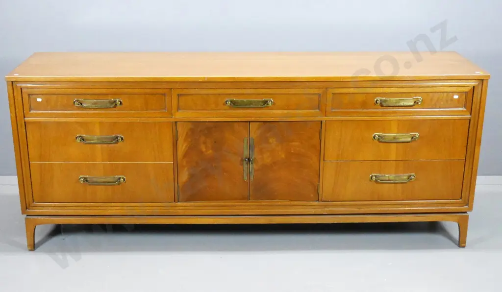 mid-century Red Lion mahogany sideboard w/9 drawers (2 in cupboard) brass handles, some polish wear  H800 W1980 D480 Image 1++