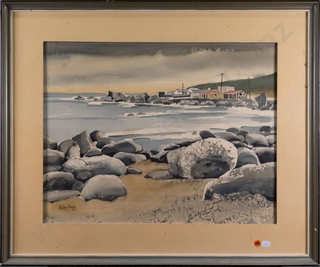 Pauline Berry - framed watercolour - coastal scene (some age damage) H-350 W-450 Image 1++