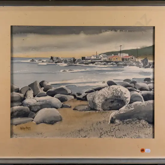 Pauline Berry - framed watercolour - coastal scene (some age damage) H-350 W-450