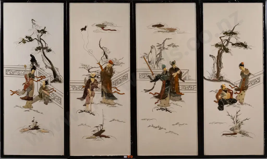 4 x oriental panels inlaid with soapstone Each H-880 W-340 Image 1++