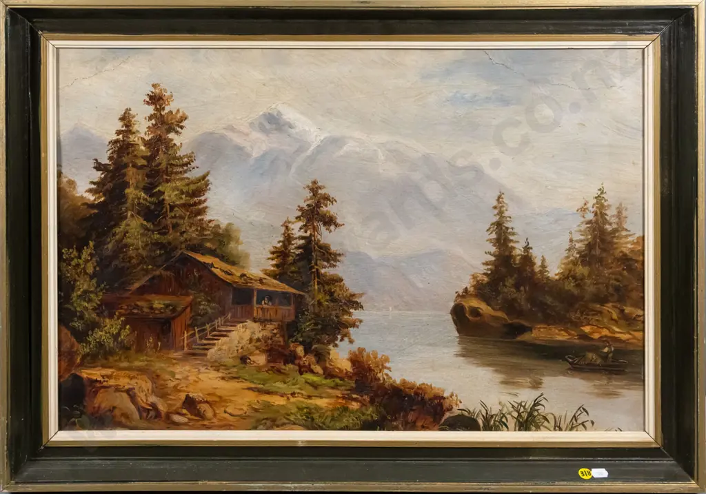 framed oil on board - lake and mountain  scene (some areas of damage) H-420 W-630 Image 1++