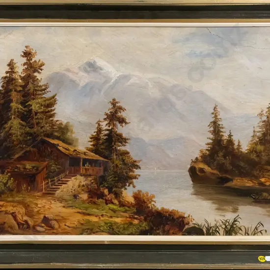 framed oil on board - lake and mountain  scene (some areas of damage) H-420 W-630