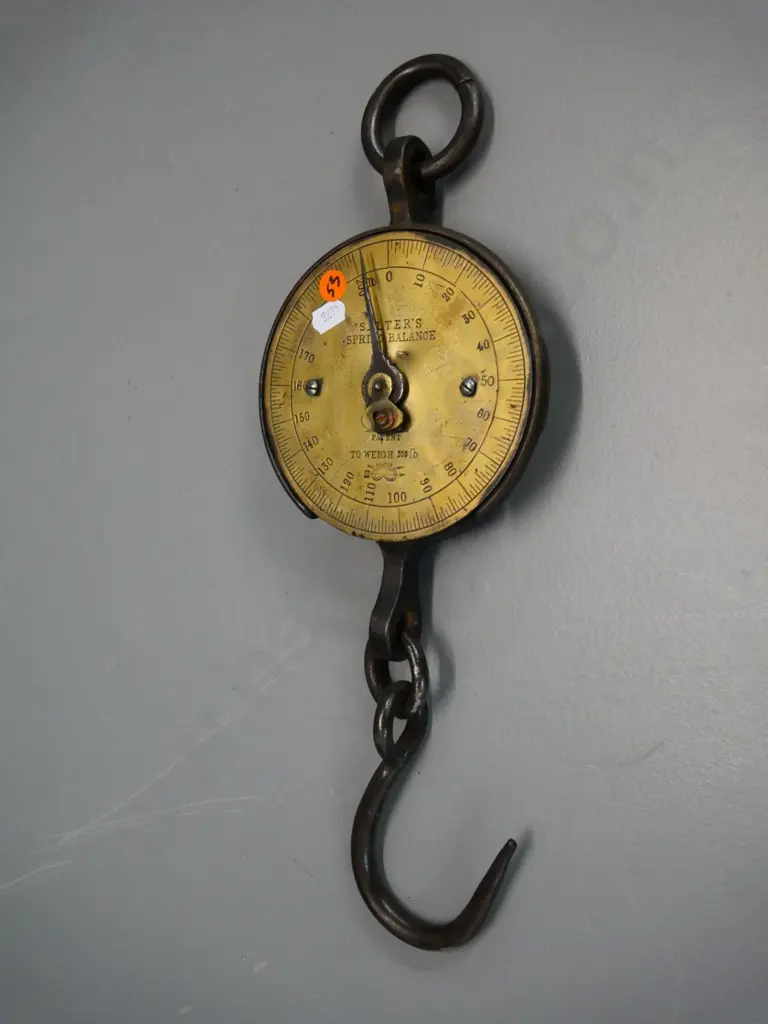 Salter cast iron and brass hanging spring balance scale with bag hook - overall H-400 Image 1++