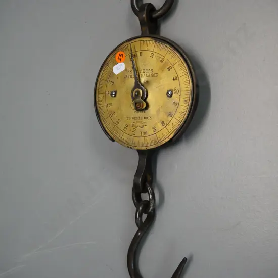 Salter cast iron and brass hanging spring balance scale with bag hook - overall H-400
