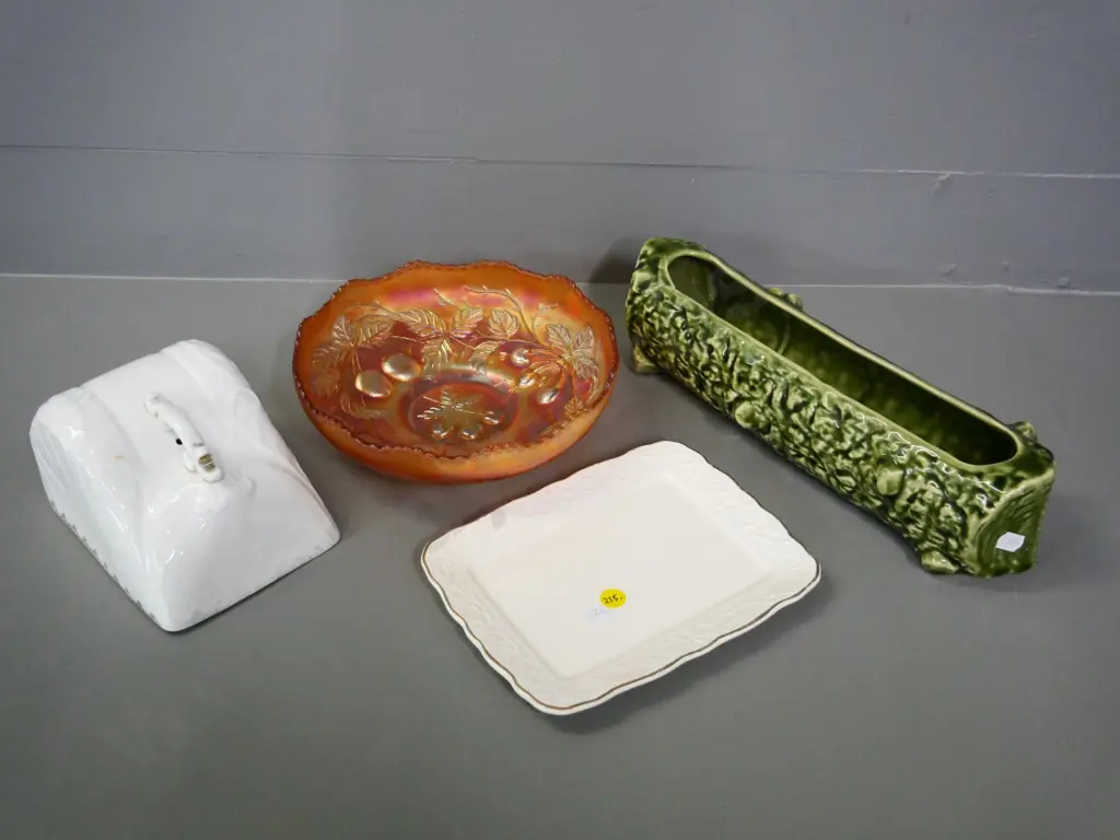 Crown Lynn butter dish with non-matching English cover, Temuka log trough, marigold cherry pattern carnival glass bowl Image 1++