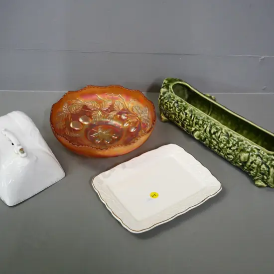 Crown Lynn butter dish with non-matching English cover, Temuka log trough, marigold cherry pattern carnival glass bowl