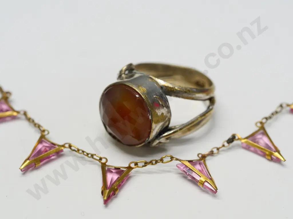 amber ring stamped 925 & costume necklace Image 1++