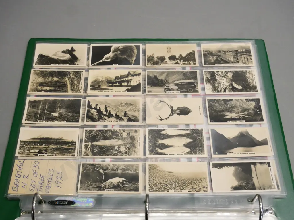 binder full of cigarette collector's cards in album sheets - including full 50 card 1925 set Beautiful New Zealand Image 1++