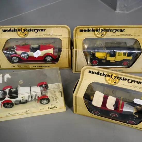 4 model vintage motorcar vehicles in original packaging - 3 Matchbox Models of Yesteryear and one Solido