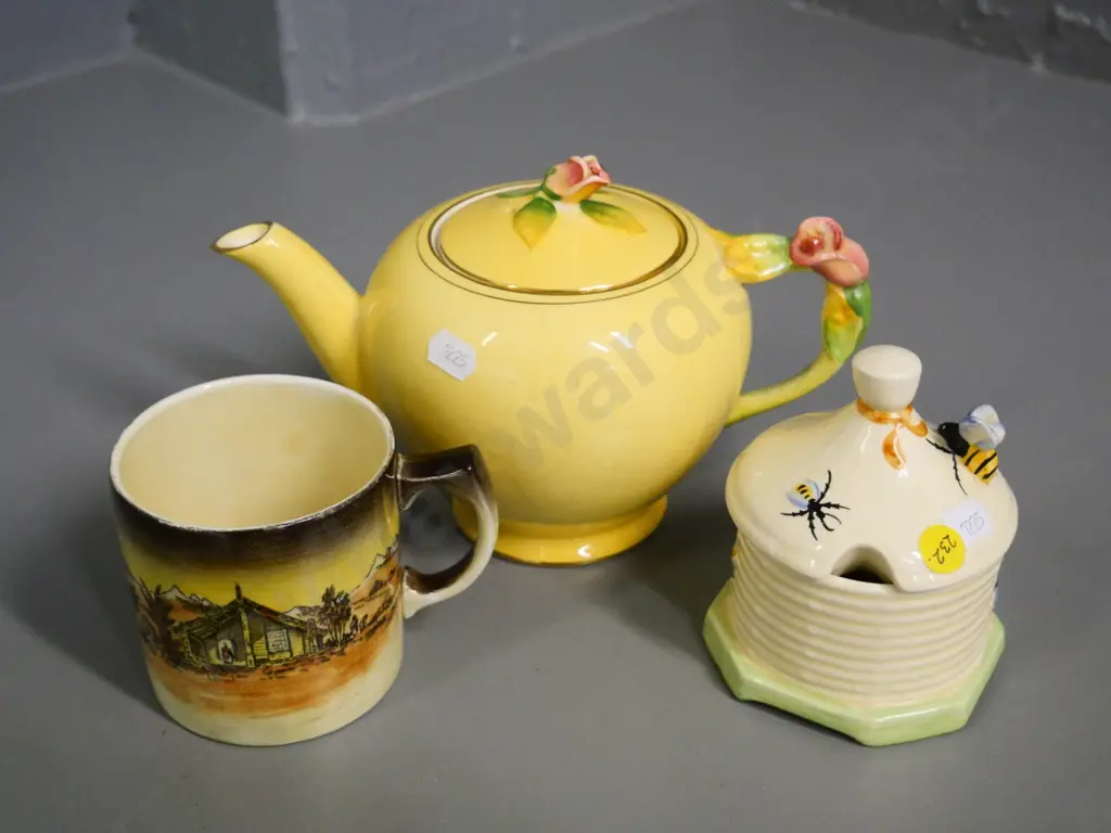 Crown Devon beehive honey pot, Wilkinson NZ souvenir mug, Royal Winton rose handled teapot (crazing) H-140 L-210 Image 1++