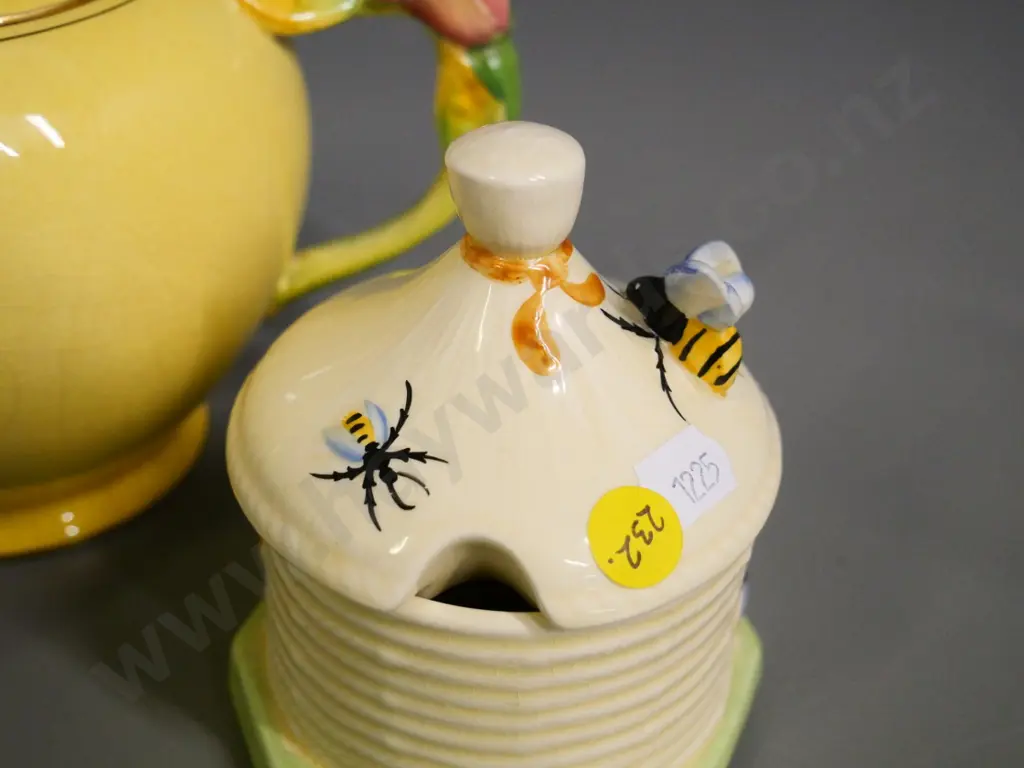 Crown Devon beehive honey pot, Wilkinson NZ souvenir mug, Royal Winton rose handled teapot (crazing) H-140 L-210 Image 1++