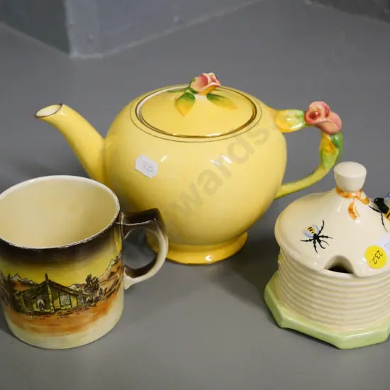 Crown Devon beehive honey pot, Wilkinson NZ souvenir mug, Royal Winton rose handled teapot (crazing) H-140 L-210