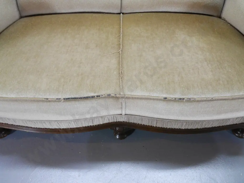 reproduction show-wood 2-seater settee H980 W1400 D790, 2 armchairs & ottoman - fading, wear to upholstery & polish Image 1++