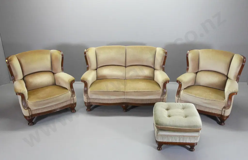 reproduction show-wood 2-seater settee H980 W1400 D790, 2 armchairs & ottoman - fading, wear to upholstery & polish Image 1++