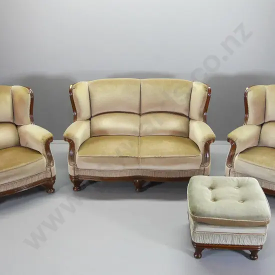 reproduction show-wood 2-seater settee H980 W1400 D790, 2 armchairs & ottoman - fading, wear to upholstery & polish