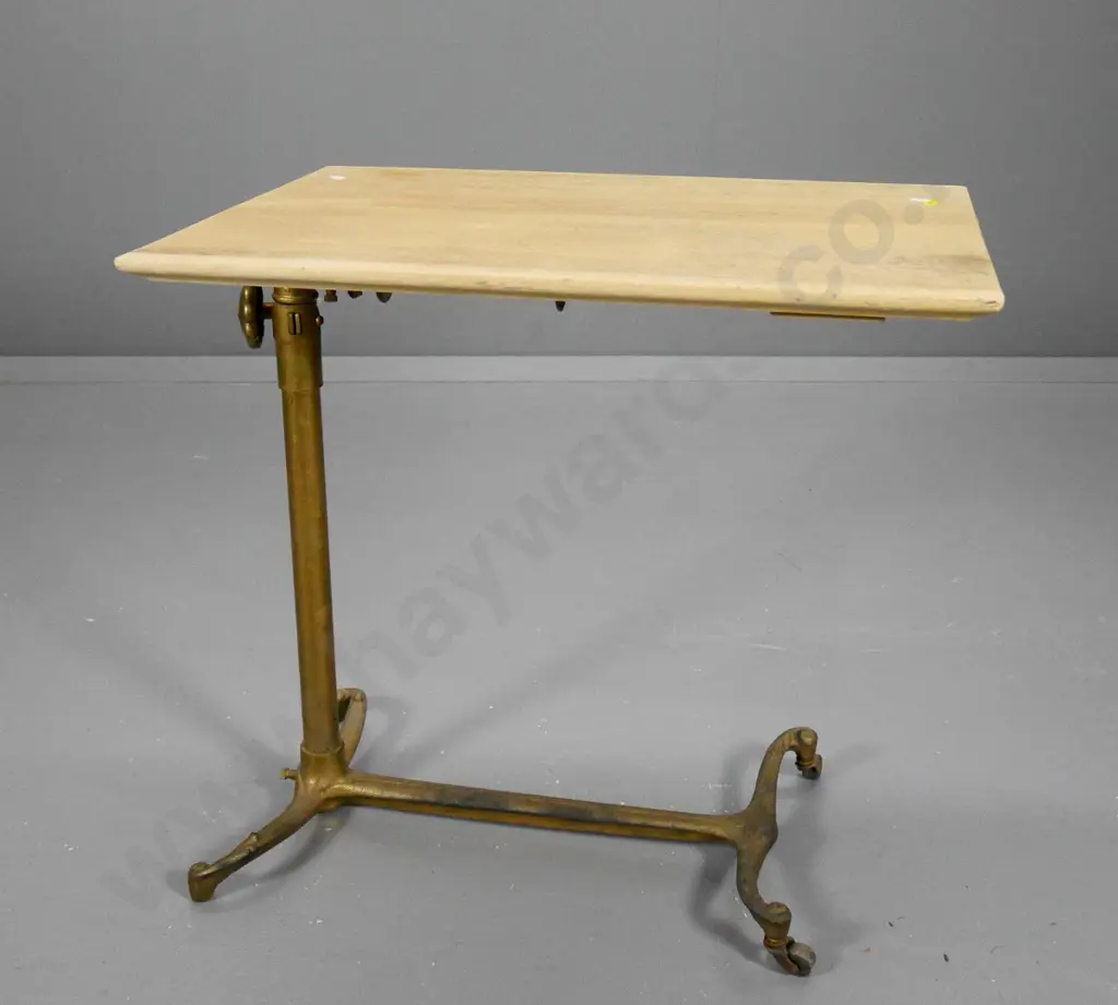 vintage oak and cast metal adjustable height & tilting work table on casters H-590 W-610 D-450 as photographed Image 1++