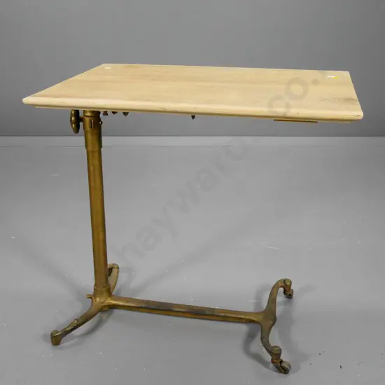 vintage oak and cast metal adjustable height & tilting work table on casters H-590 W-610 D-450 as photographed