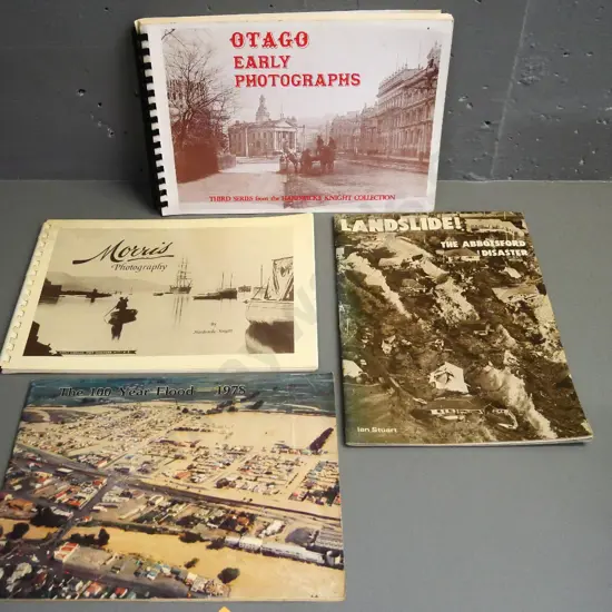 2 Hardwicke Knight books on early Otago photography and 2 booklets on Abbotsford slip and 100 Year Floor