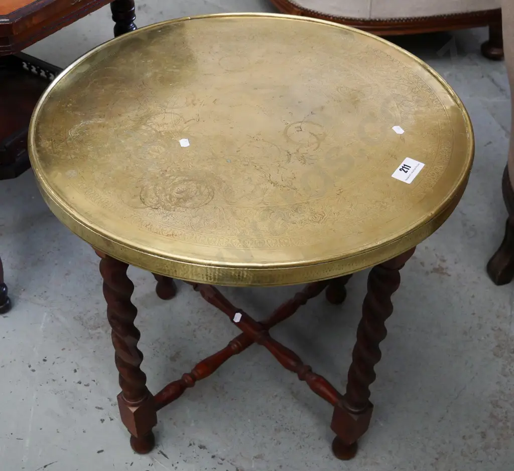 etched circular brass top table with folding barley twist base H-570 Diam-580 Image 1++
