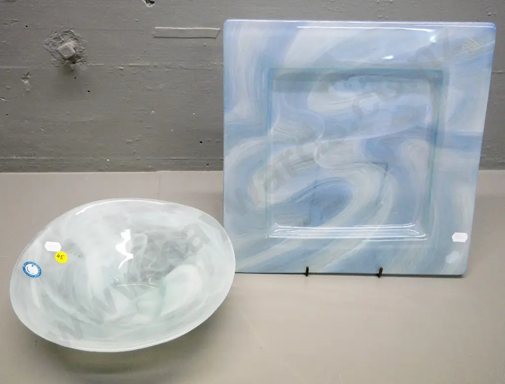 2 pieces of swirled blue art glass - Vietro Auckland NZ square dish 285 x 285 and a Japanese bowl Image 1++