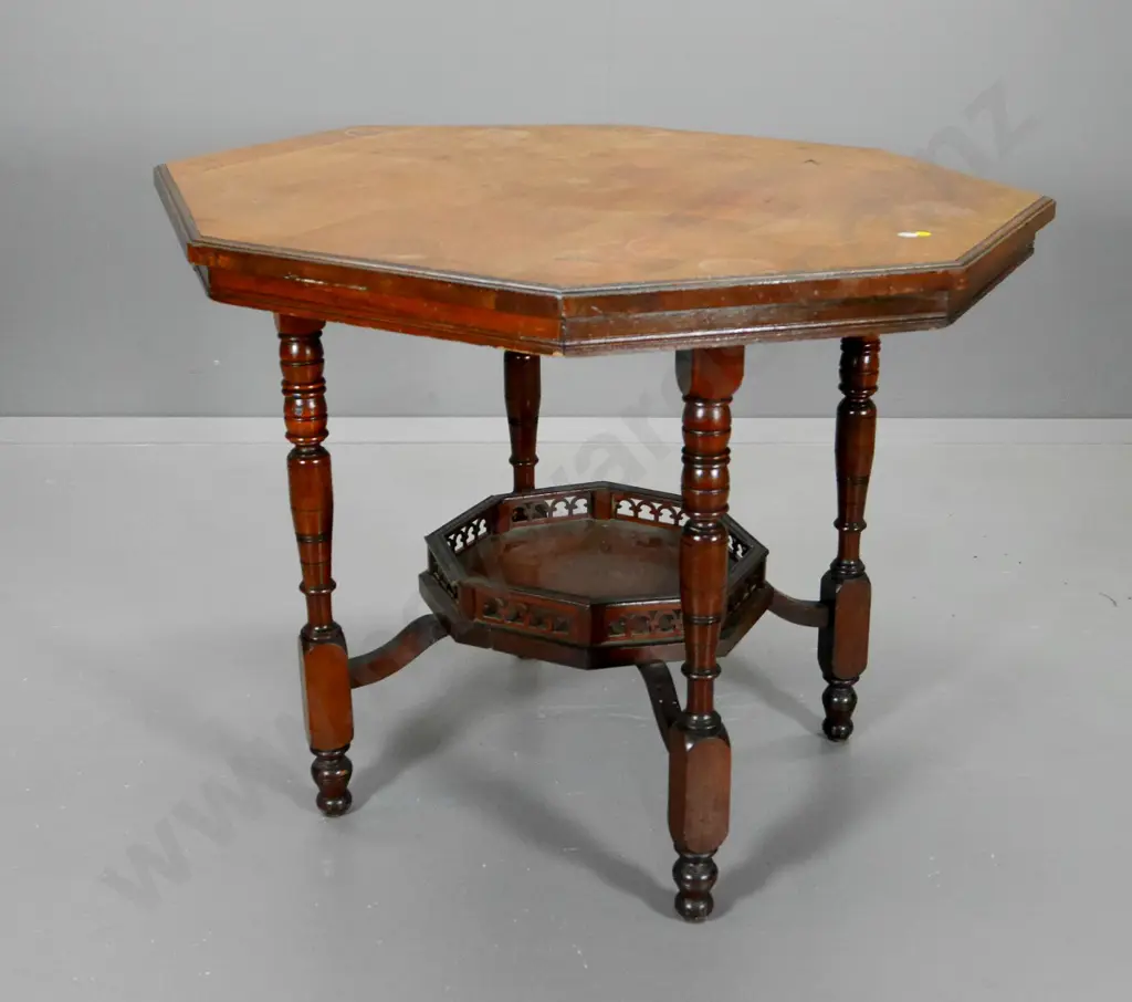 oak octagonal occasional table - chip to lower shelf gallery, fading and water marks to top H-710 W-870 D-870 Image 1++