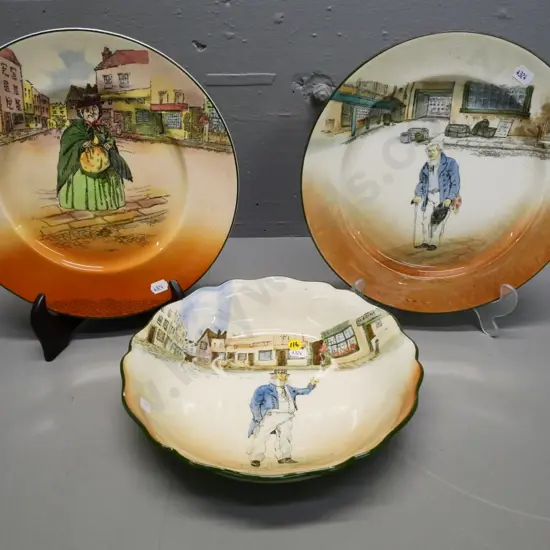 3 Royal Doulton Dickens items - Sarey Gamp and Old Pegotty (crazing) plates and a Captain Cuttle salad bowl