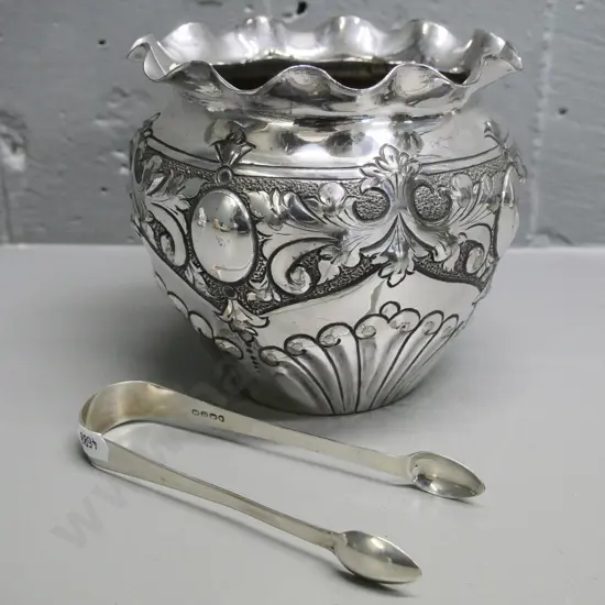 sterling silver sugar tongs and a silver plated flower vase / jardiniere H-140 D-150